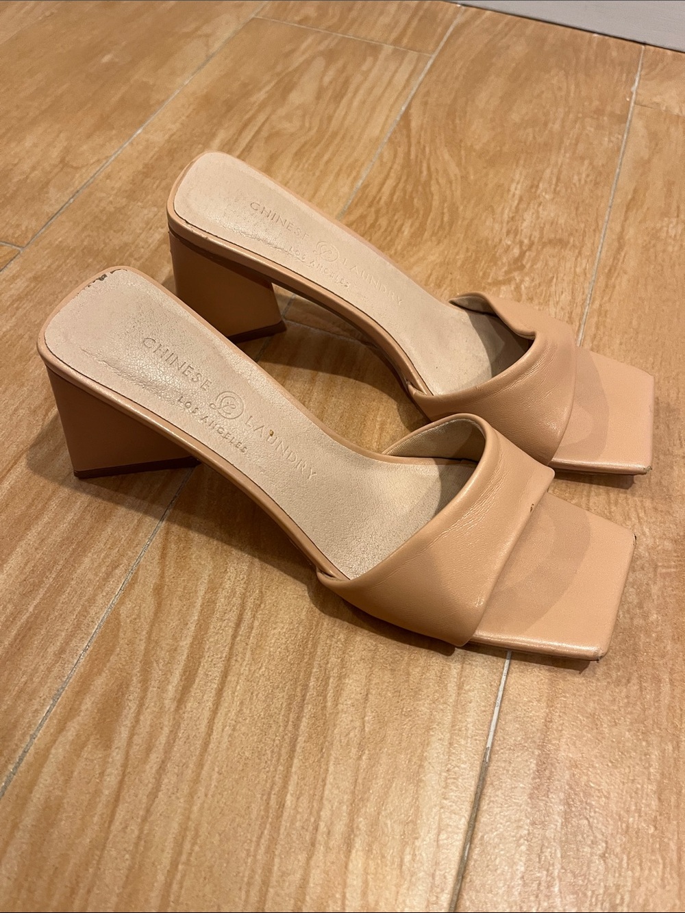 Chinese Laundry Blush Tan Square-Toe Block Heel Slides